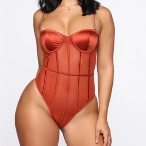 NWOT SEXY: gold-chain straps, corset style sheer C Cup body suit